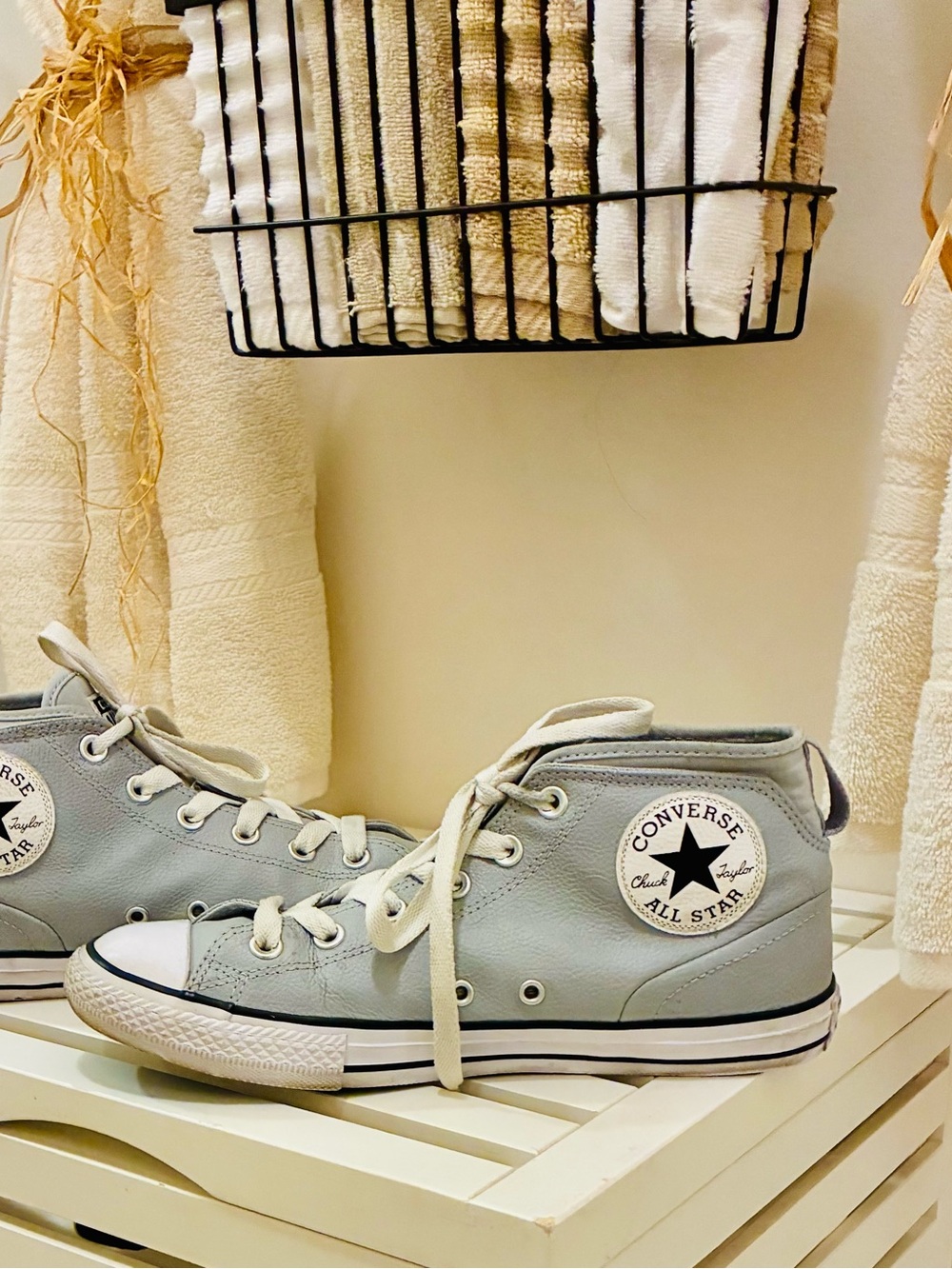 Converse  Leather Gray High Top Sneakers.